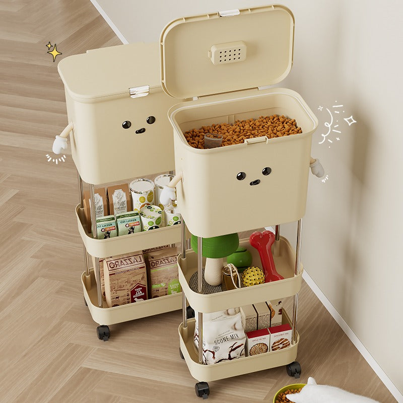 Cat food bucket + storage rack