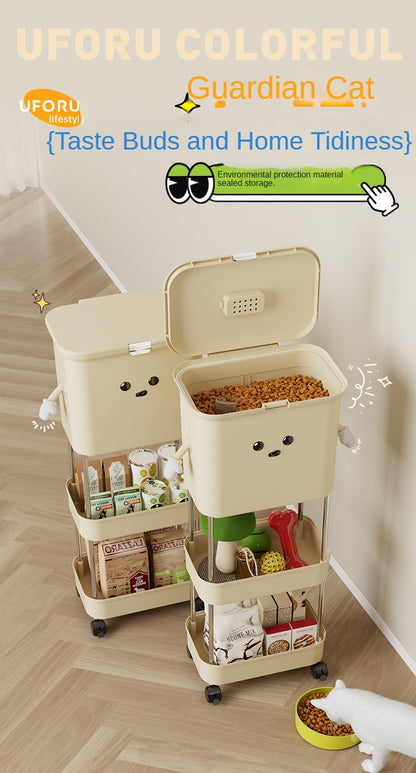 Cat food bucket + storage rack