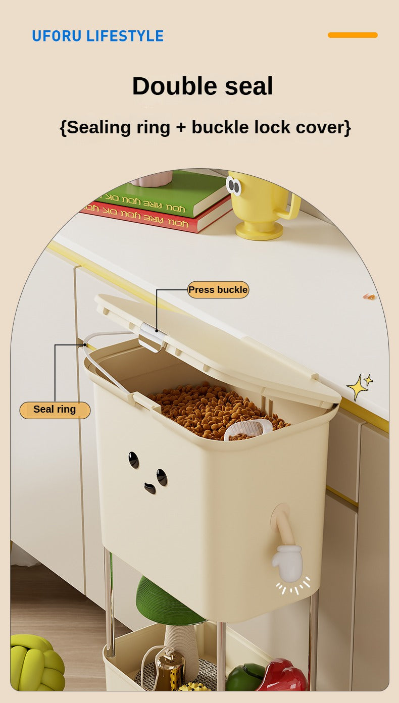 Cat food bucket + storage rack