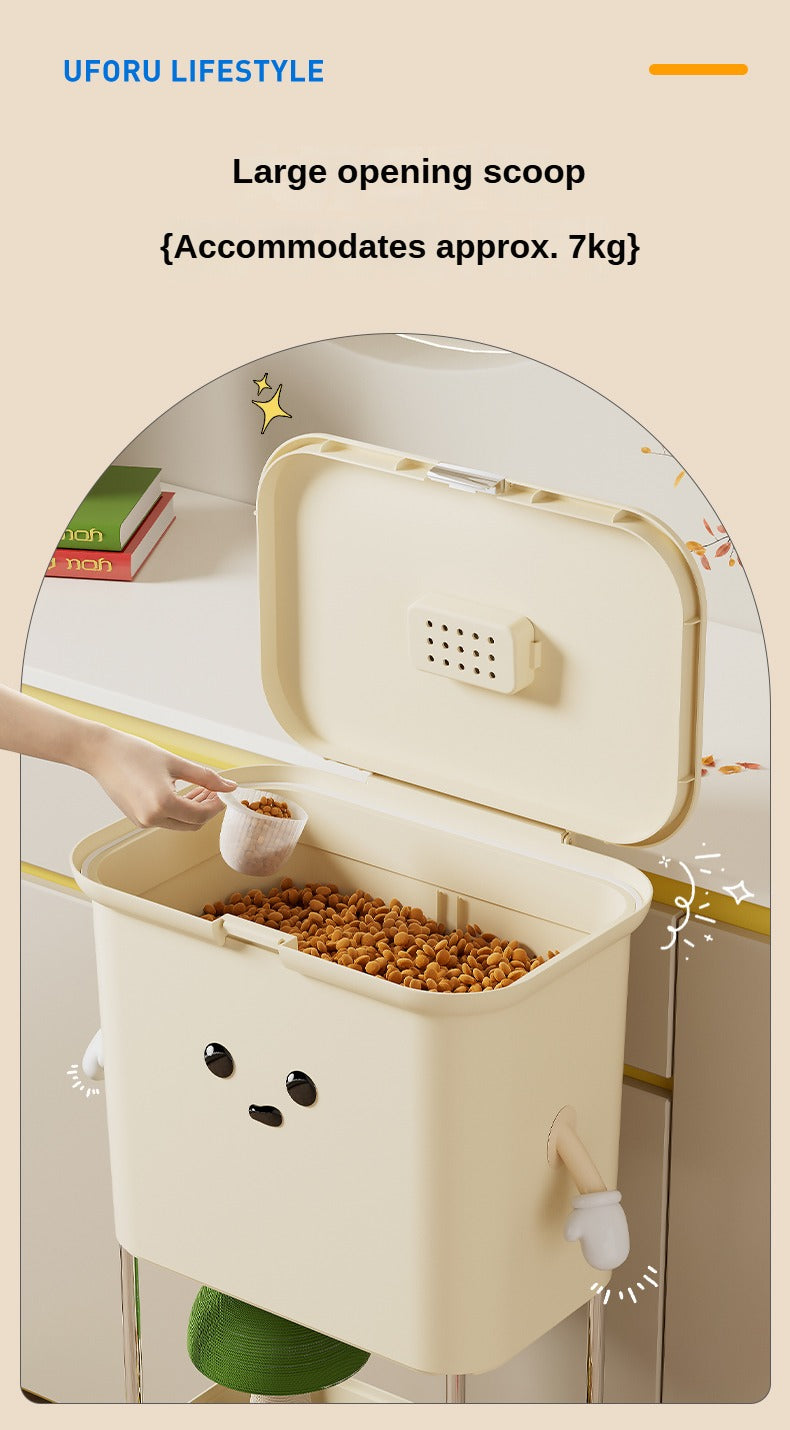 Cat food bucket + storage rack